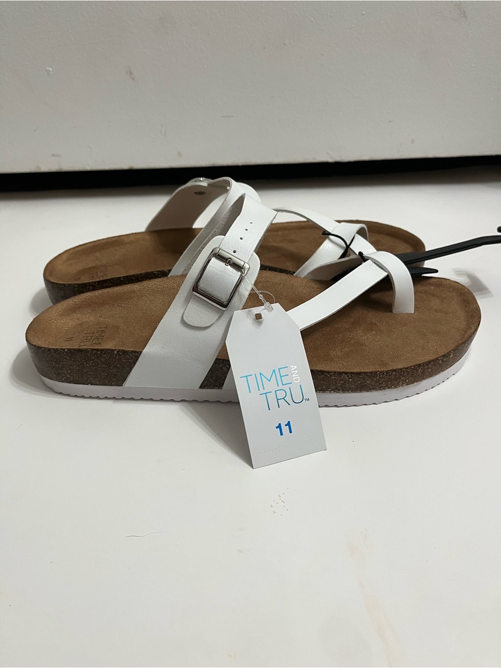 Time and Tru White Buckle Toe-Loop Sandals